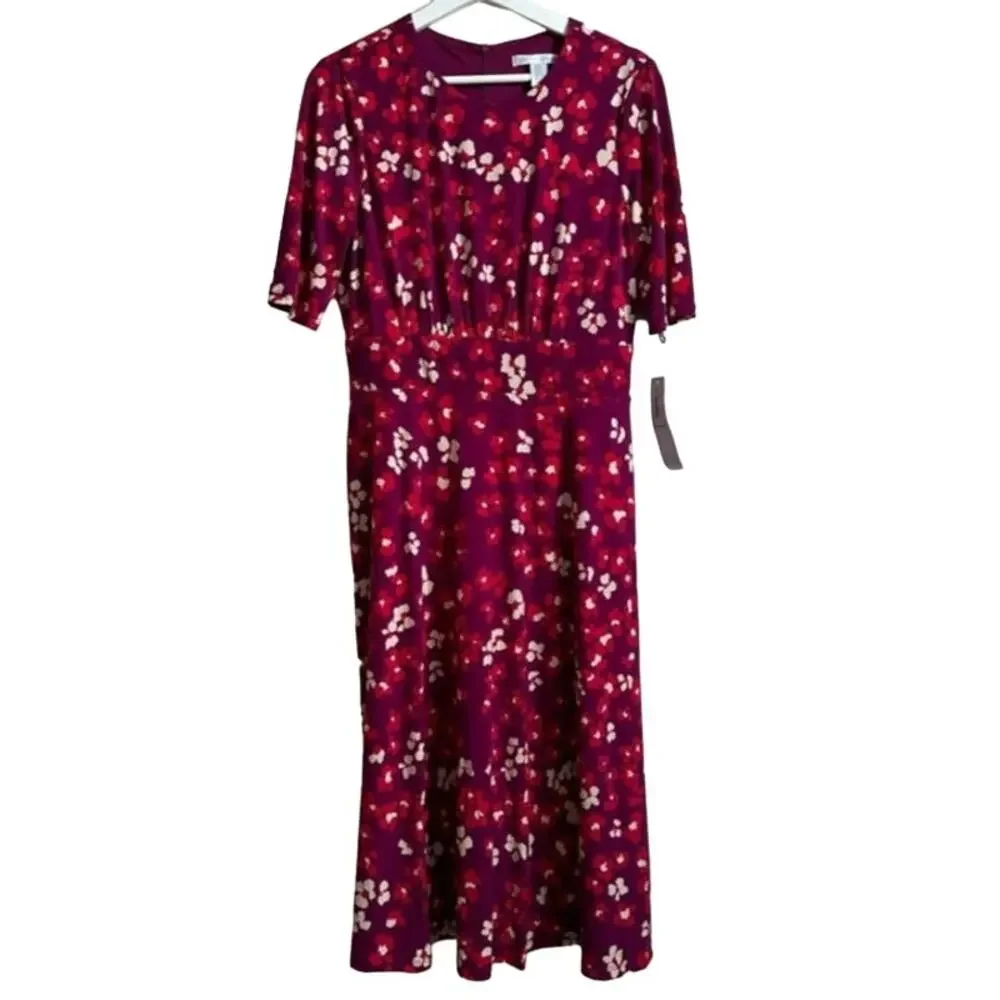 London Times Inset Waist Short Sleeve Midi Dress Berry/Coral NWT Size 10 - Picture 2 of 5